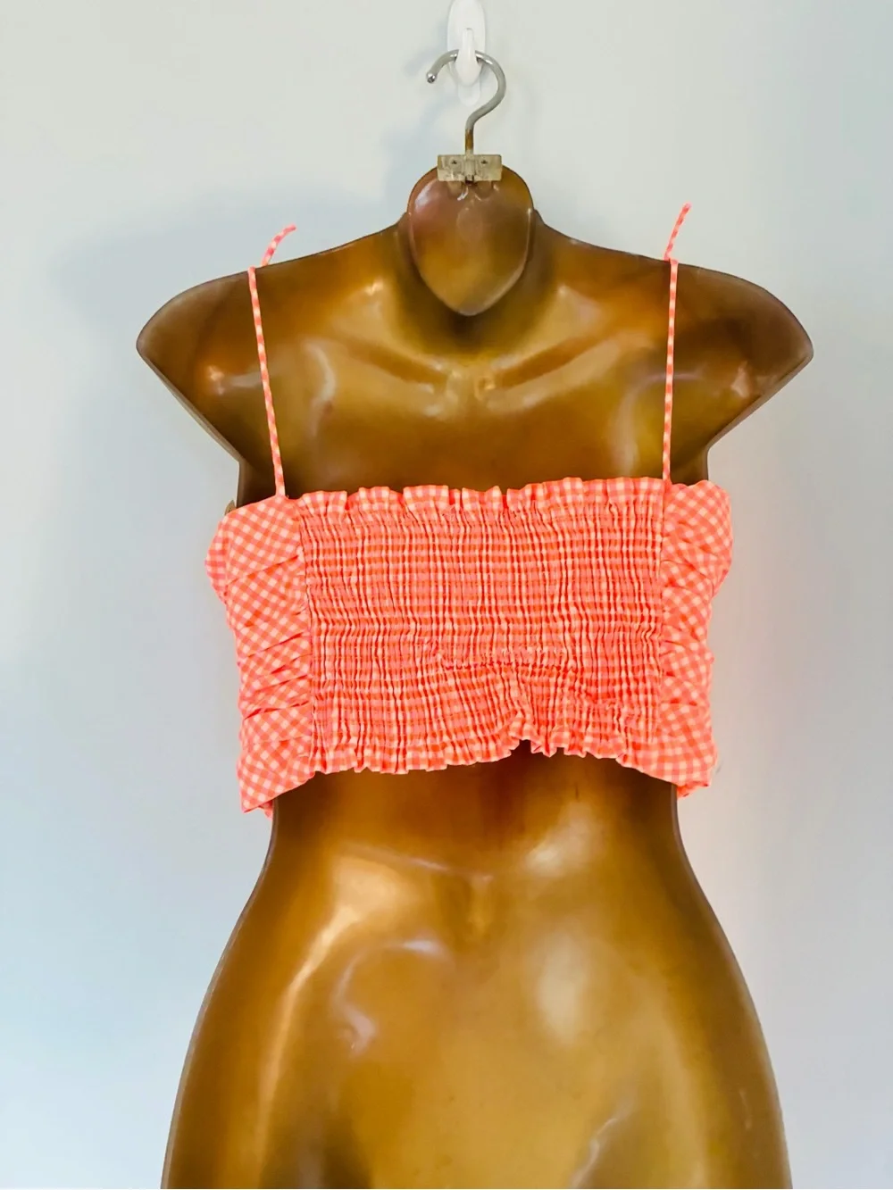 Zara Gingham Ruched Crop Top Orange Pink Smocked Tie Strap Y2K Size M